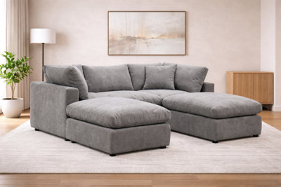 Grey 5 Piece Modular Sofa Set with Seat Corner Units and Ottomans