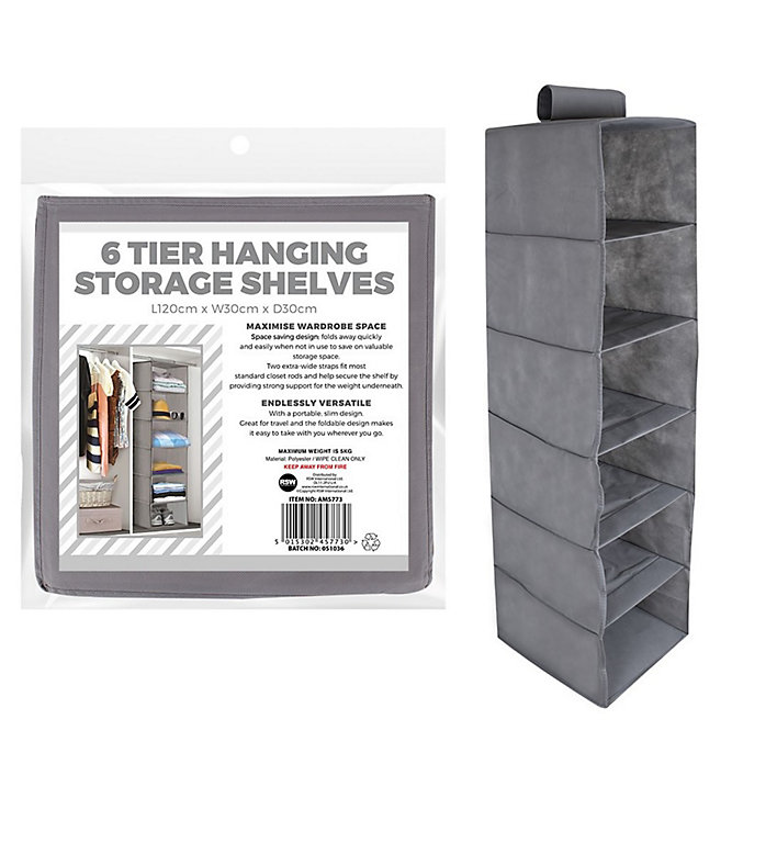 Grey 6 Tier Hanging Wardrobe Storage Shelves Fabric Storage Box