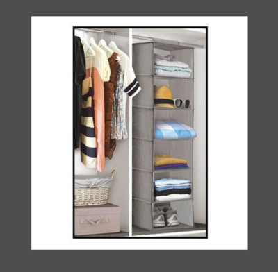 Grey 6 Tier Hanging Wardrobe Storage Shelves Fabric Storage Box Unit 120 x  30cm