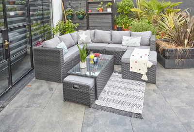 grey seater corner rattan garden sofa set with rain cover