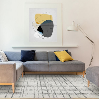 GREY ABSTRACT GEOMETRIC MODERN TARTAN EASY TO CLEAN RUG FOR DINING ROOM ...