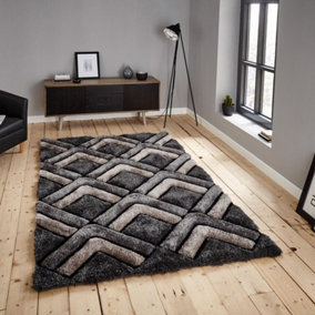 Grey Abstract Optical Modern Shaggy Handmade Rug for Living Room and Bedroom-120cm X 170cm