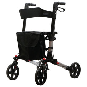 Grey Aluminium 4 Wheel Rollator Walking Aid - Flat Folding - 136kg Weight Limit