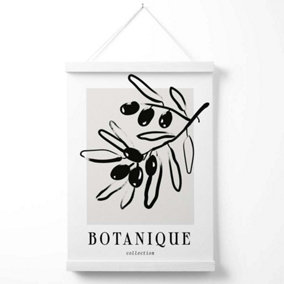 Grey and Black Olive Boho Sketch Floral Poster with Hanger / 33cm / White