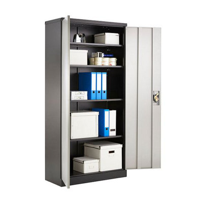 Grey and Black Stainless Steel Filing cabinet with 4 shelves - 2 Door Lockable Filing Cabinet - Tall Metal Office Storage Cupboard