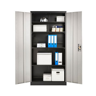 Grey and Black Stainless Steel Filing cabinet with 4 shelves - 2 Door Lockable Filing Cabinet - Tall Metal Office Storage Cupboard