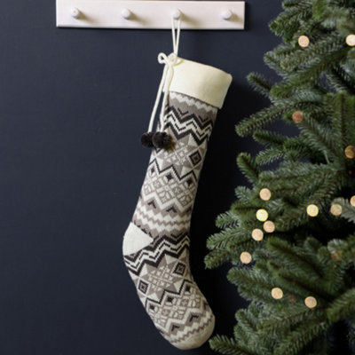 Grey and White Fair Isle Zig Zag Xmas Gift Decoration Christmas Stocking