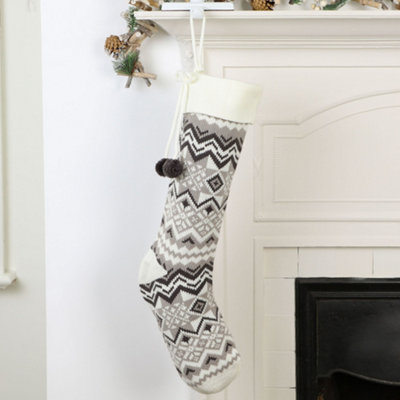 Grey and White Fair Isle Zig Zag Xmas Gift Decoration Christmas Stocking - 3