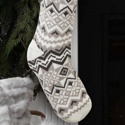 Grey and White Fair Isle Zig Zag Xmas Gift Decoration Christmas Stocking - 4