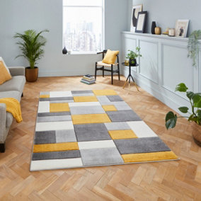 Grey and Yellow Easy to Clean Geometrical Modern Rug for Living Room, Bedroom, Dining Room - 120cm X 170cm