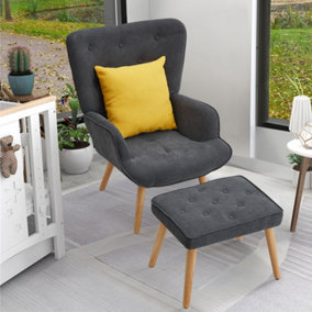 Grey Armchair and Footstool Set Tufted Upholstered Lounge Chair Arm Chair Sofa Chair with Cushion and Ottoman