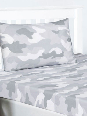 Grey Army Camouflage Double Fitted Sheet and Pillowcase Set