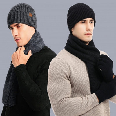 Grey Autumn & Winter Warm Knitted Woolen Hat Scarf Gloves Set