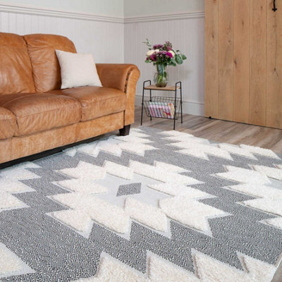 Grey Beige Aztec Geometric Textured Flatweave Indoor Outdoor Easy Clean ...