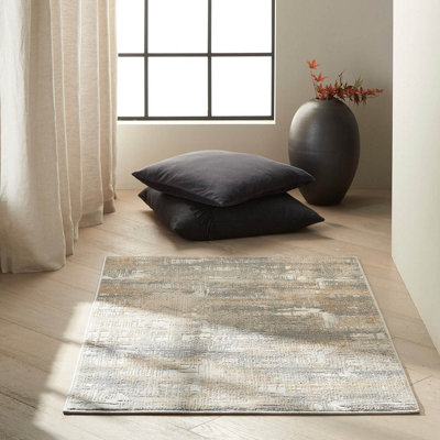 Grey Beige Modern Abstract Machine Made Rug for Living Room Bedroom and Dining Room-69 X 221cm (Runner)