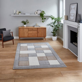 Grey Beige Modern Bordered Chequered Geometric Rug For Dining Room-160cm X 220cm