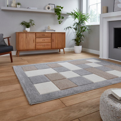 Grey Beige Modern Bordered Chequered Geometric Rug For Dining Room-60cm X 120cm