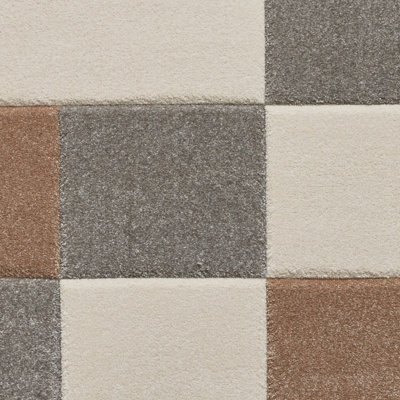 Grey Beige Modern Bordered Chequered Geometric Rug For Dining Room-60cm X 120cm