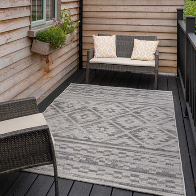 Grey Beige Textured Flatweave Diamond Aztec Indoor Outdoor Area Rug 120x170cm