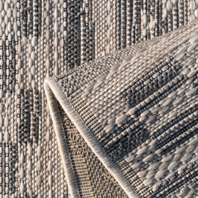 Grey Beige Textured Flatweave Diamond Aztec Indoor Outdoor Area Rug 120x170cm