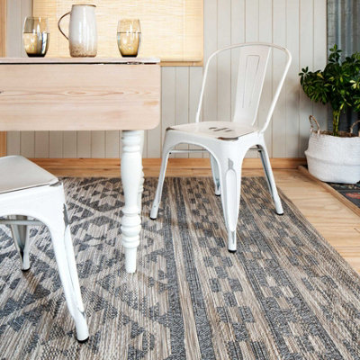 Grey Beige Textured Flatweave Diamond Aztec Indoor Outdoor Area Rug ...