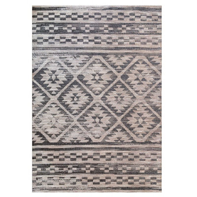 Grey Beige Textured Flatweave Diamond Aztec Indoor Outdoor Area Rug ...