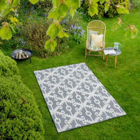Grey Beige Textured Floral Trellis Weather-Resistant Indoor Outdoor Area Rug 120x170cm