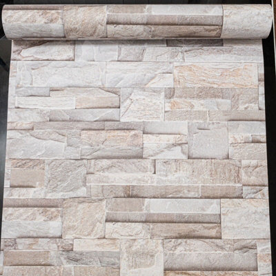 Grey Beige Textured Wallpaper Rustic Realistic Stone Brick Wall Effect 325452