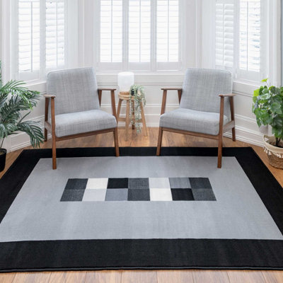 Grey Black Bordered Geometric Living Room Rug 120x170cm