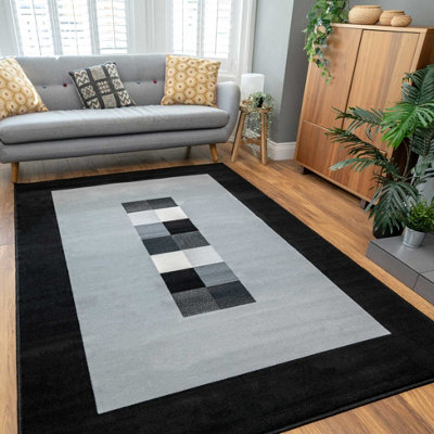 Grey Black Bordered Geometric Living Room Rug 80x150cm