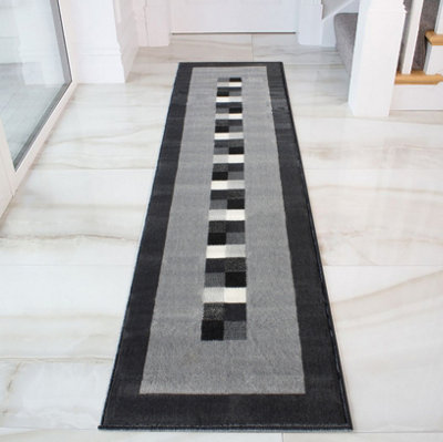 Grey Black Bordered Geometric Living Room Runner Rug 60x240cm