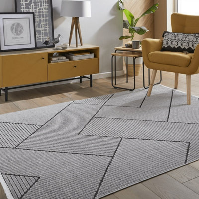 Grey Black Geometric Striped Modern Easy To Clean Outdoor Rug 190cm X