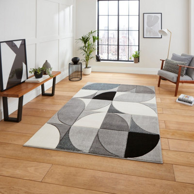 Grey Black Modern Easy to Clean Geometric Abstarct Rug For Dining Room-80cm X 150cm