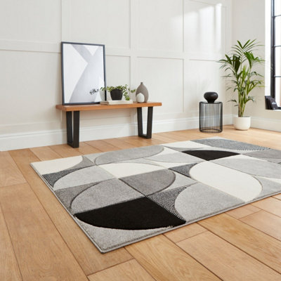 Grey Black Modern Easy to Clean Geometric Abstarct Rug For Dining Room-80cm X 150cm