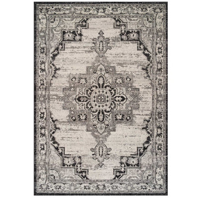 Grey Black Traditional Medallion Low Pile Soft Living Area Rug 60x110cm