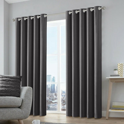 Grey Blackout Eyelet Curtains Ready Made Ring Top Thick Curtain With Tie Backs Easy Care Washable Modern Bedroom Living Room