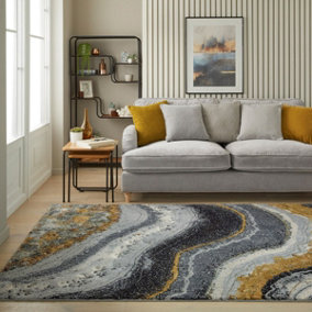 Grey Blue Bronze Abstract Jute Polyester Modern Living Room, Bedroom Rug - 120cm X 170cm