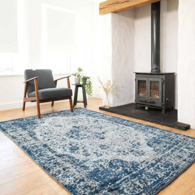 Grey Blue Distressed Traditional Medallion Reversible Chenille Living Area Rug 115x170cm