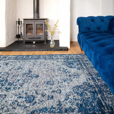 Grey Blue Distressed Traditional Medallion Reversible Chenille Living Area Rug 115x170cm