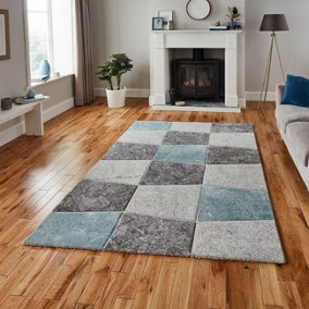 Grey/Blue Geometric Modern Easy to clean Rug for Dining Room-120cm X 170cm