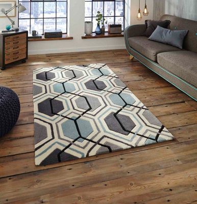 Grey/Blue Handmade Modern Geometric Easy to clean Rug for Bedroom & Living Room-120cm X 170cm