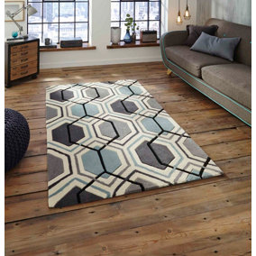 Grey/Blue Handmade Modern Geometric Easy to clean Rug for Bedroom & Living Room-120cm X 170cm
