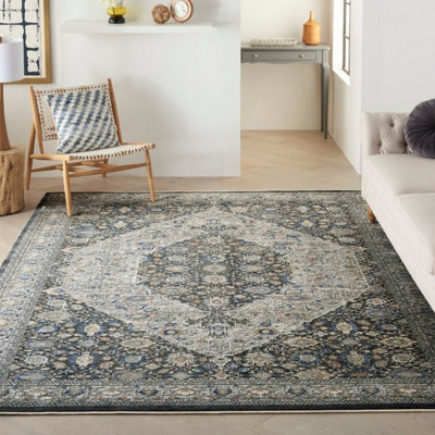 Grey/Blue Luxurious Traditional Bordered Floral Rug Easy to clean ...
