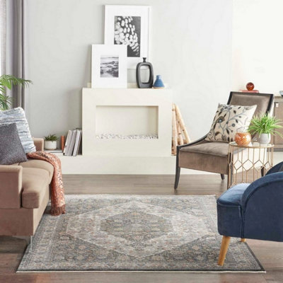 Grey/Blue Luxurious Traditional Bordered Floral Rug Easy to clean ...