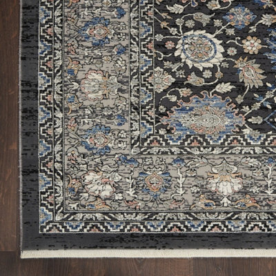 Grey/Blue Luxurious Traditional Bordered Floral Rug Easy to clean ...