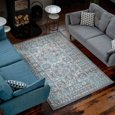 Grey Blue Traditional Medallion Bordered Area Rug 80x150cm