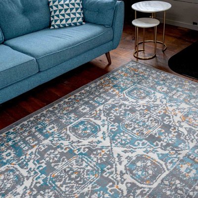 Grey Blue Traditional Medallion Bordered Area Rug 80x150cm