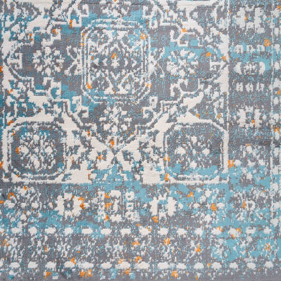 Grey Blue Traditional Medallion Bordered Area Rug 80x150cm