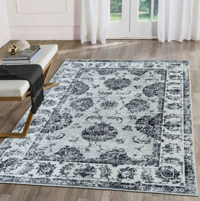 Grey Bordered Floral Rug For Bedroom, & Living Room, 7mm Thick Stain-Resistant Traditional Rug - 60cm X 180cm