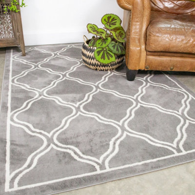 Grey Bordered Geometric Trellis Area Rug 60x110cm